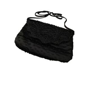 La Regale Vintage Black Satin Beaded Handbag Purse